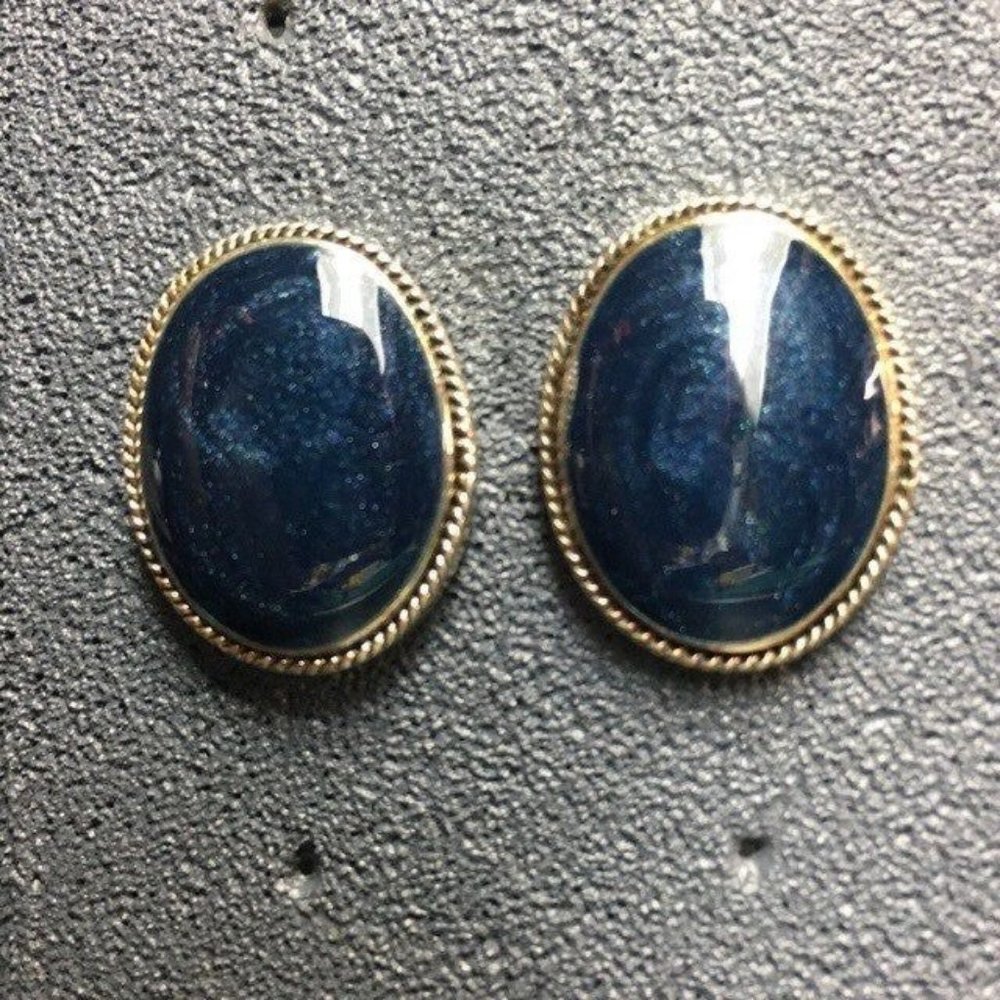 Pierced Earrings Blue Navy Teal Enamel Swirl Silver Oval Granny Soft Girl Retro